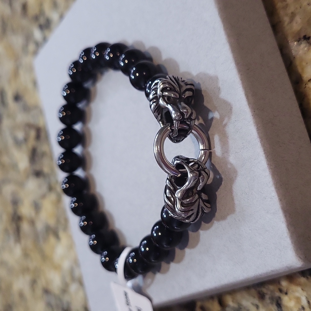 Stainless Steel Lion Heads Black Onyx Gemstone Stretch Bracelet